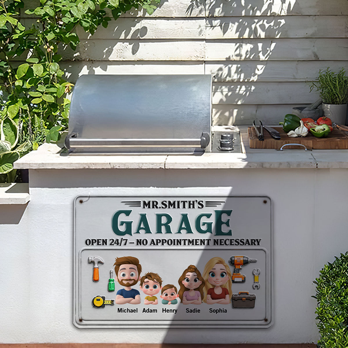 Custom Family Summer Backyard, Patio & Porch Decor • Mr Fix It Garage - Personalized Metal Sign