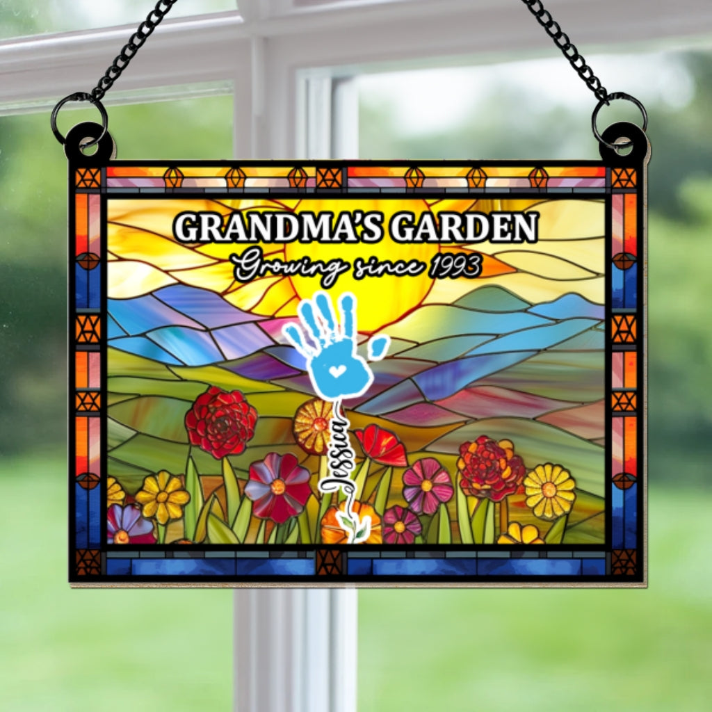Custom Grandma Hanging Decor, Mother's Day Birthday Gifts • Grandmother Flower Handprint Garden - Personalized Suncatcher