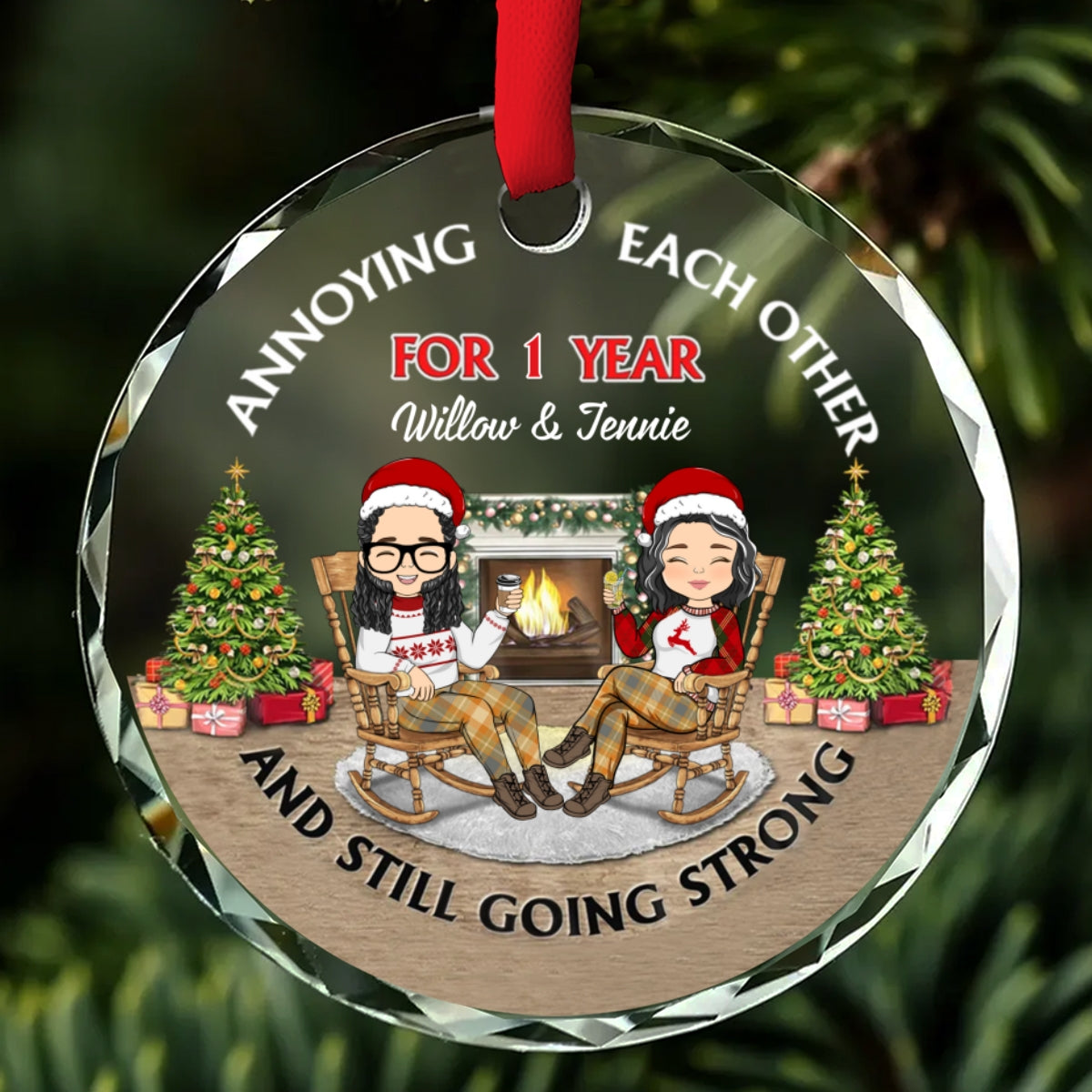 Custom Couple Christmas Ornament, Anniversary Gift •  Christmas Family Couple Annoying Each Other For Years - Personalized Glass Ornament