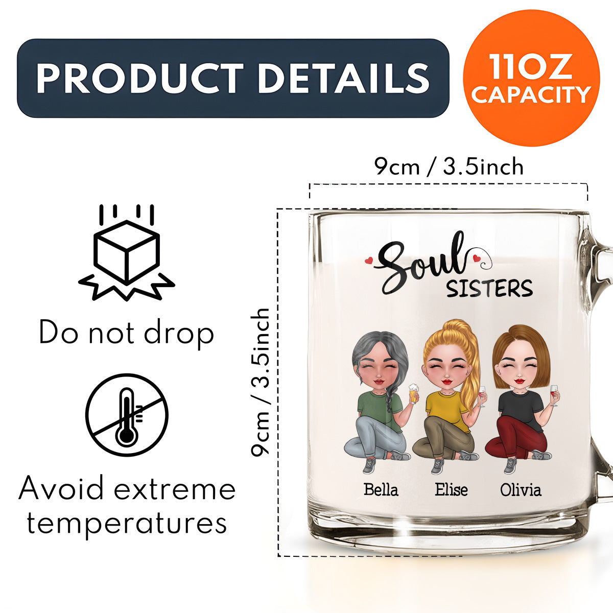 Custom Best Friend, Christmas & Birthday Friendship Keepsake Gift • Soul Sisters - Personalized Glass Mug