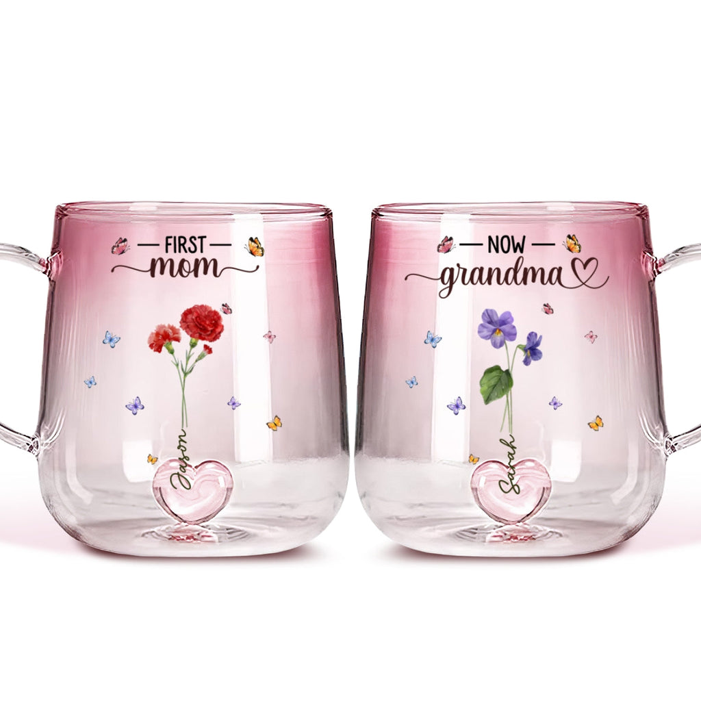 Custom Mother's Day Gift for Mom & Grandma • First Mom Now Grandma Flower - Personalized Pink Gradient Glass Mug