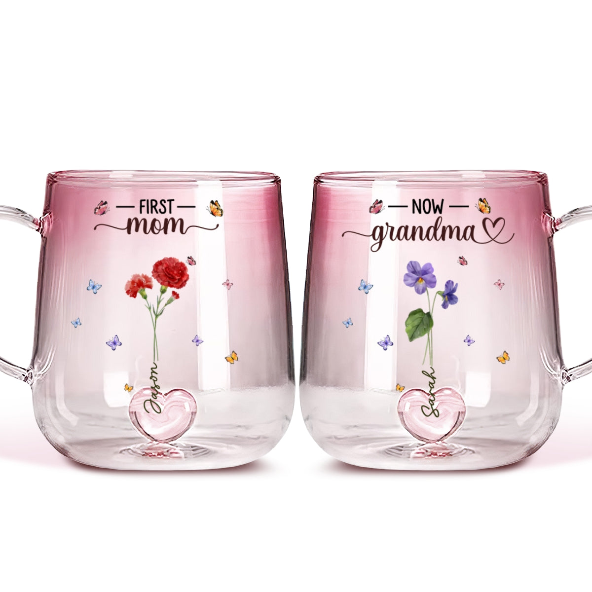 Custom Mother's Day Gift for Mom & Grandma • First Mom Now Grandma Flower - Personalized Pink Gradient Glass Mug