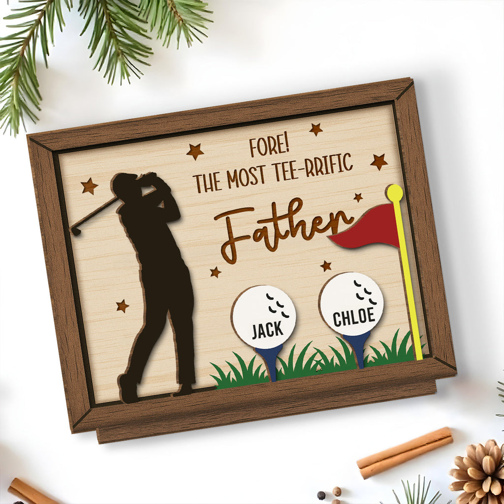Custom Decor for Husband, Gift for Him • Best Dad On The Green - Personalized 2-Layer Wood Plaque With Flat Base