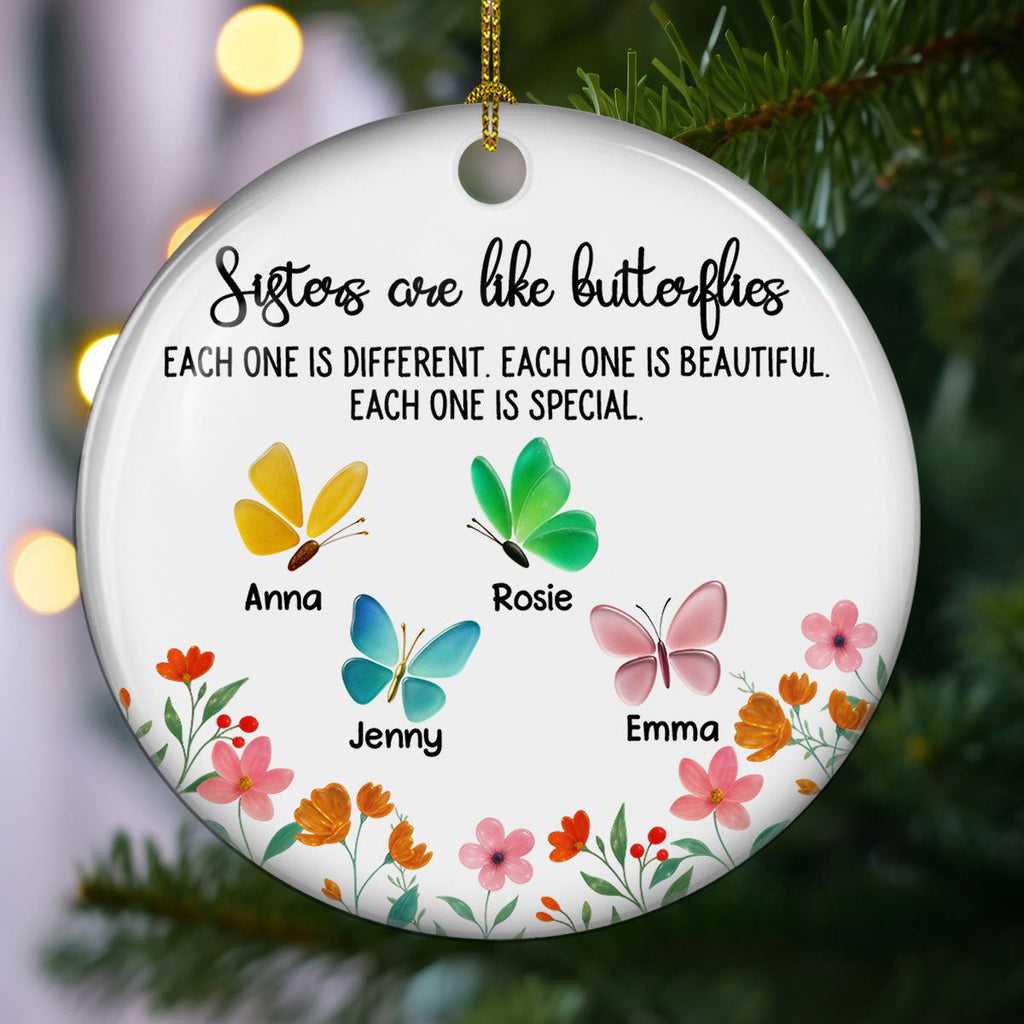 Custom Sister Christmas Ornament •  Twinkling Butterflies - Personalized 3D Effect Heart Ceramic Ornament