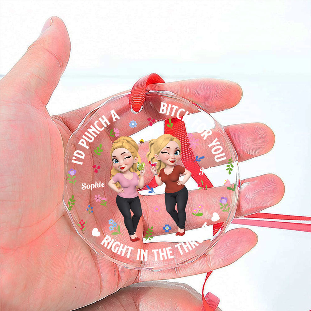 Custom Friendship Christmas Ornament, Best Friend Gift •  Right In The Throat Bestie Cartoonize - Personalized Glass Ornament