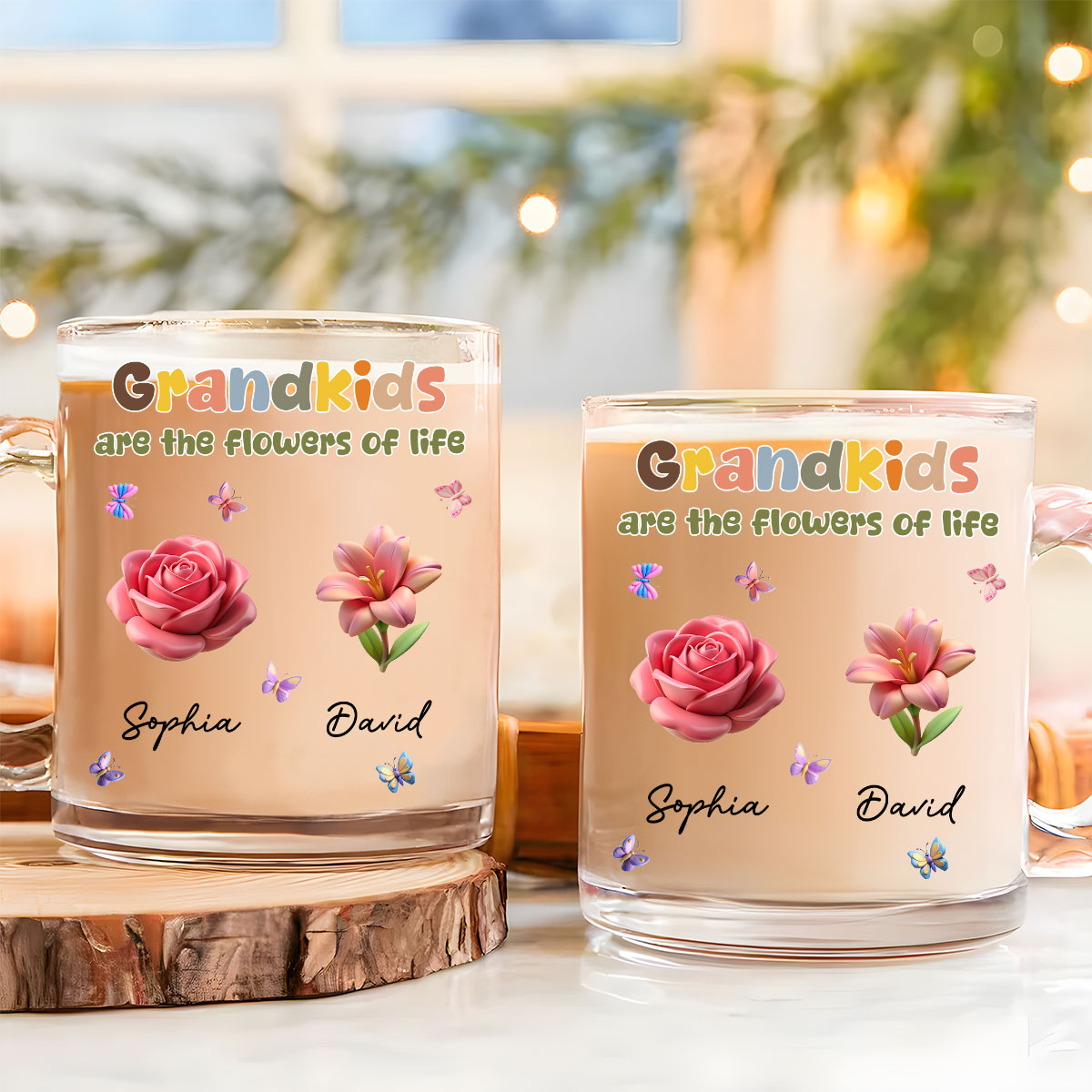 Custom Christmas & Birthday Gift For Grandma • Grandkids Are The Flowers Of Life - Personalized Glass Mug