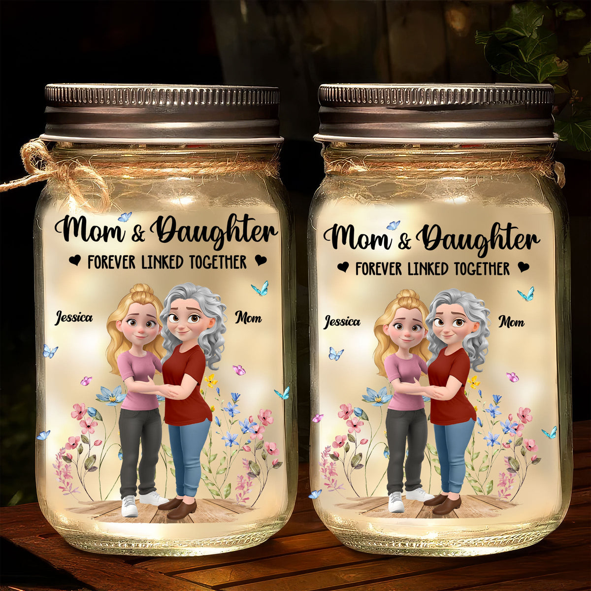 Mom And Daughter Forever Linked Together - Personalized Mason Jar Light