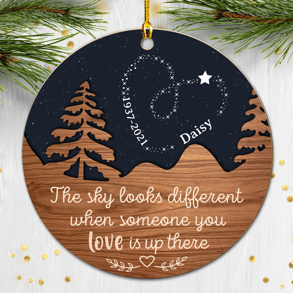 Custom Memorial Christmas Ornament, Sympathy Keepsake •  The Sky Looks Different Because It Has You - Personalized Wood Ornament