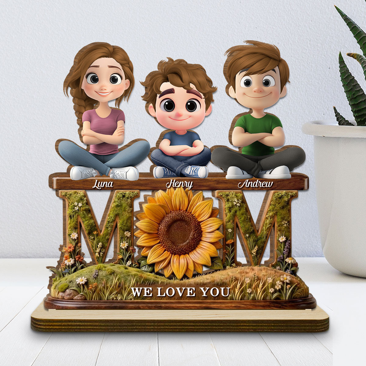 Custom Decor for Wife, Gift for Her • Gift For Wife Mom We Love You - Personalized 2-Layer Wood Plaque With Flat Base