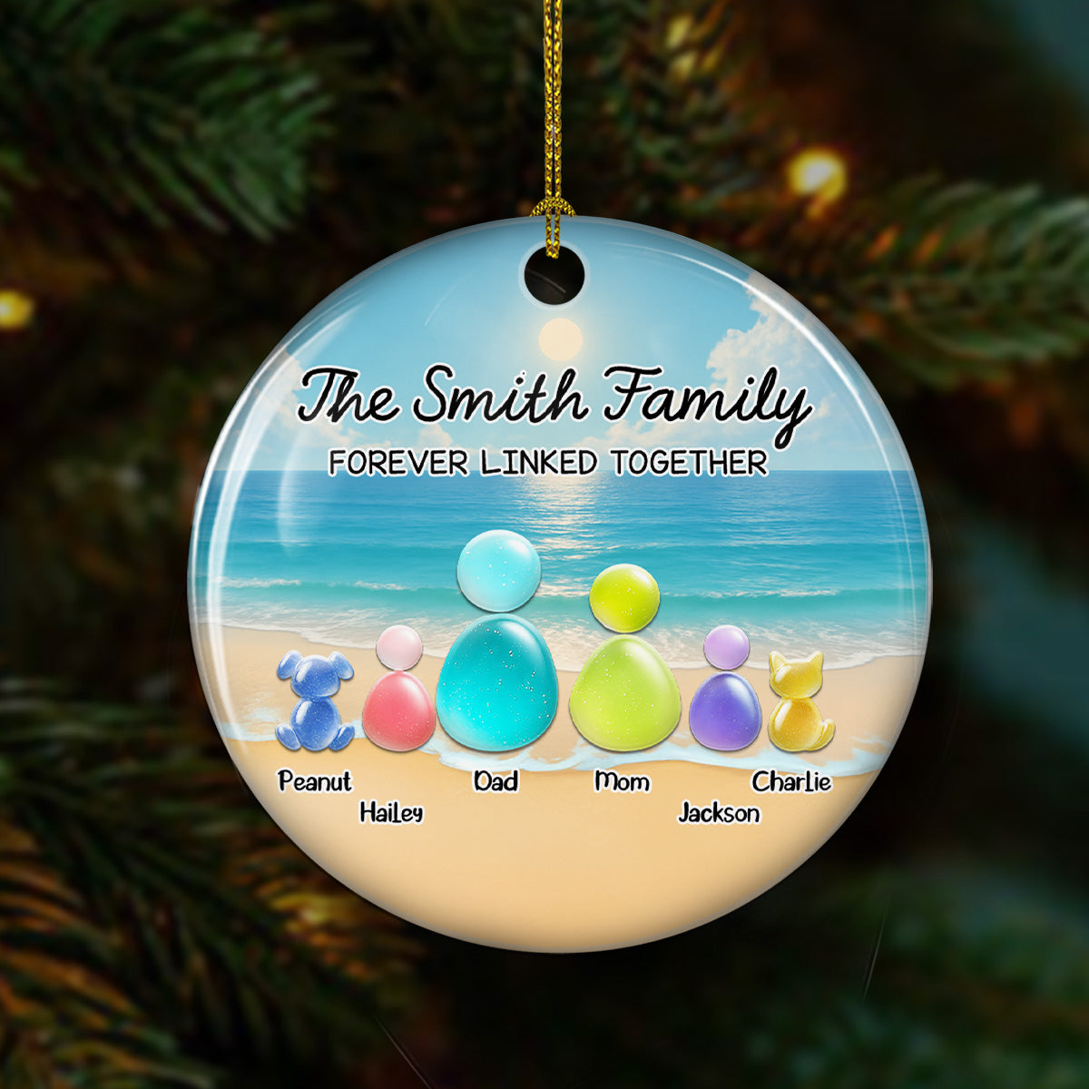 Custom Family Ornament, Christmas Gift for Family Members •  Sea Glass Family With Pet - Personalized 3D Inflated Effect Ceramic Ornament