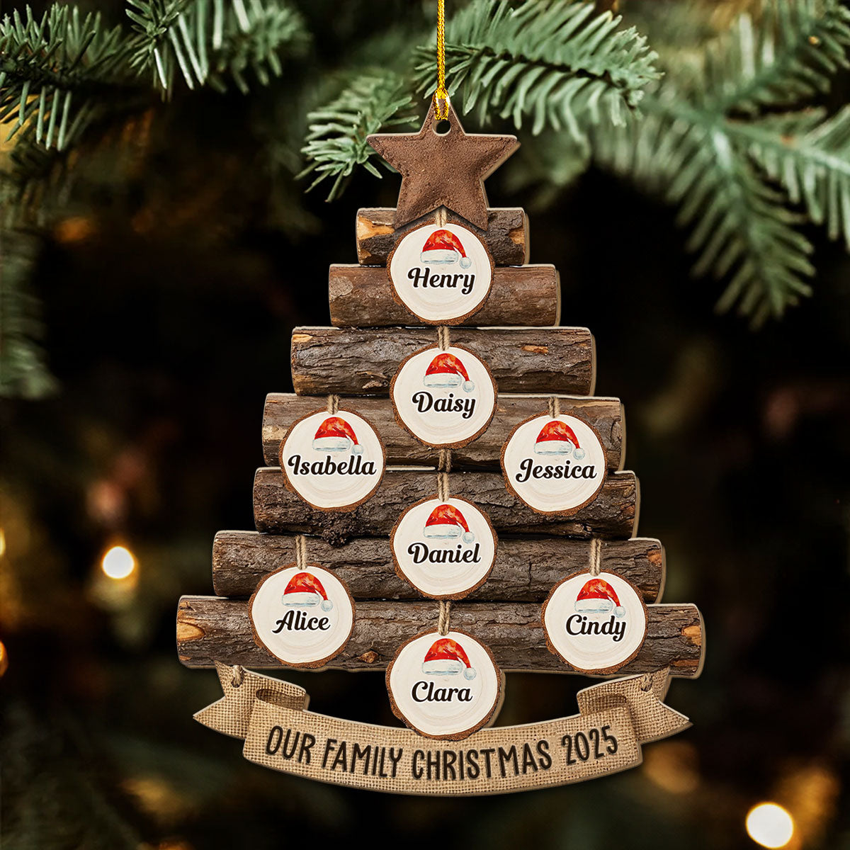 Custom Family Ornament, Christmas Gift for Family Members •  Rustic Family Christmas Tree - Personalized Wood Ornament