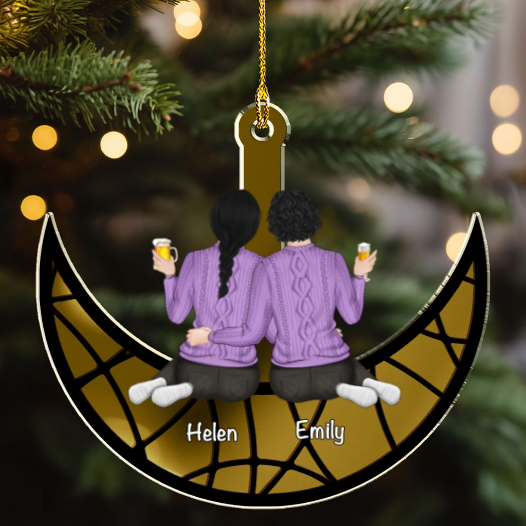 Custom Friendship Christmas Ornament, Best Friend Gift •  Besties Sitting On The Moon - Personalized Mirrored Acrylic Ornament