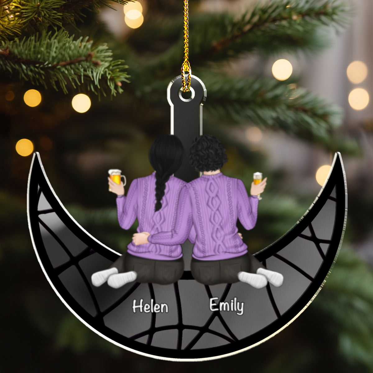 Custom Friendship Christmas Ornament, Best Friend Gift •  Besties Sitting On The Moon - Personalized Mirrored Acrylic Ornament