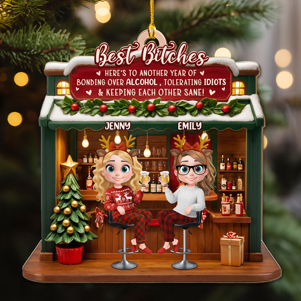 Custom Friendship Christmas Ornament, Best Friend Gift •  Bonded By Laughs And Wine - Personalized 3D Effect Wood Ornament