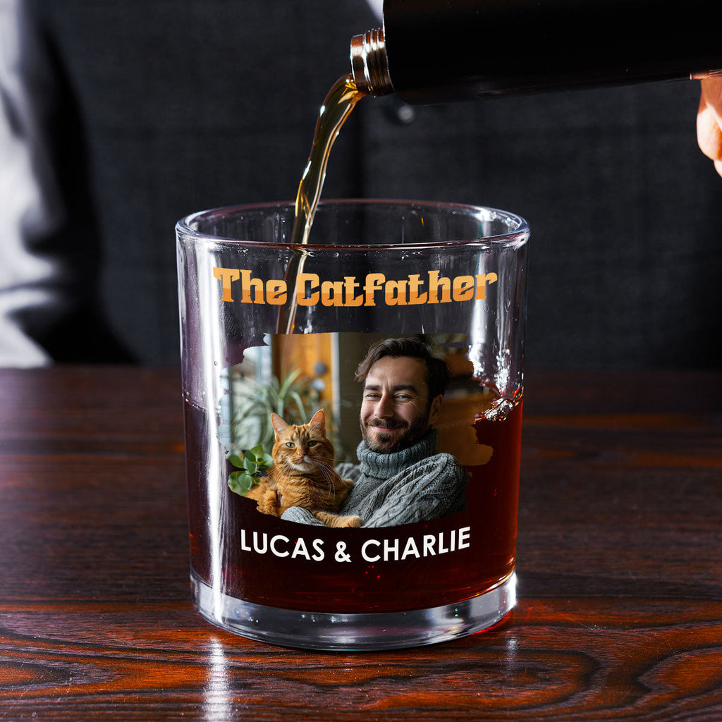 Custom Photo Christmas Birthday Drinkware Gifts for Cat Lovers • The Catfather Retro Photo - Personalized Whiskey Glass