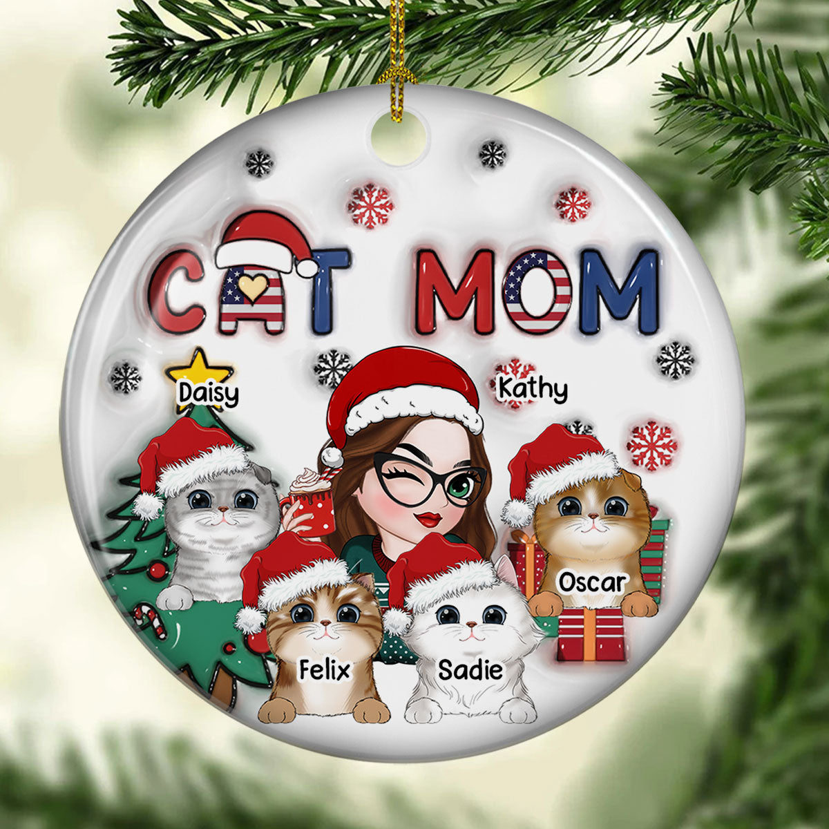 Custom Keepsake Christmas Ornament •  American Cat Mom Christmas - Personalized 3D Inflated Effect Ceramic Ornament