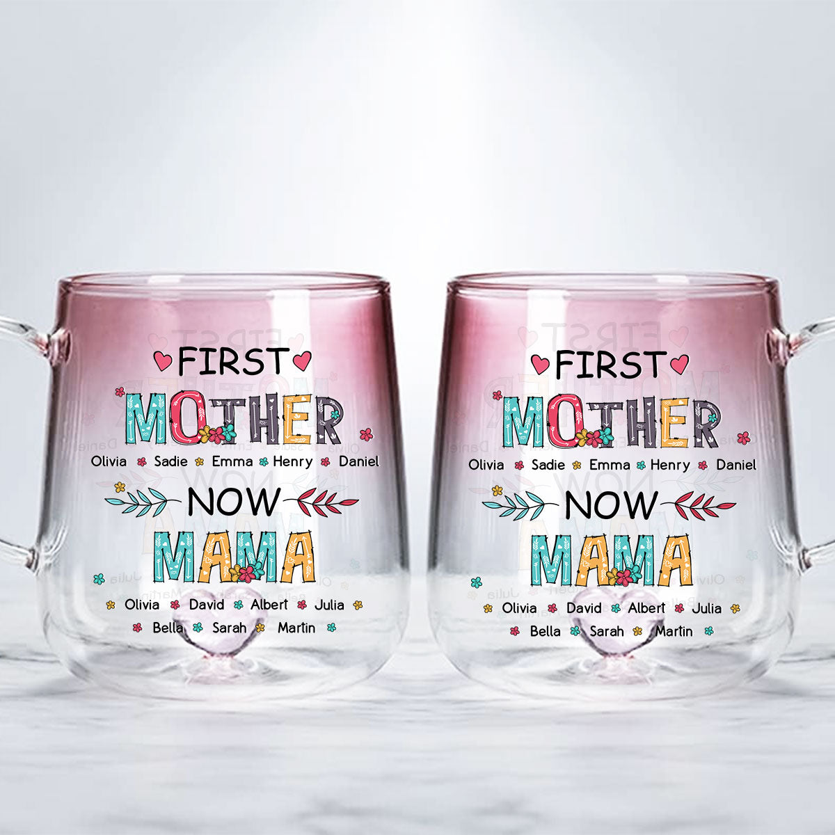 Custom Mother's Day Gift for Mom & Grandma • Our Love For You Is Unbreakable - Personalized Pink Gradient Glass Mug