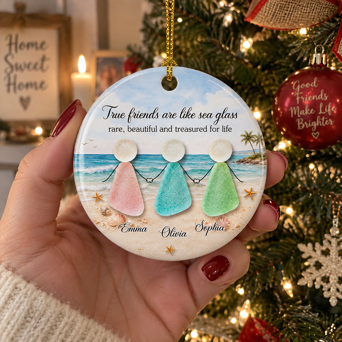 Custom Friendship Christmas Ornament, Best Friend Gift •  Sea Glass Friends - Personalized Ceramic Ornament