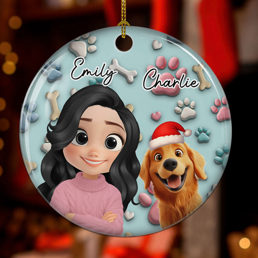 Custom Keepsake Christmas Ornament •  Dog And Human Cartoon - Personalized 3D Effect Ceramic Ornament