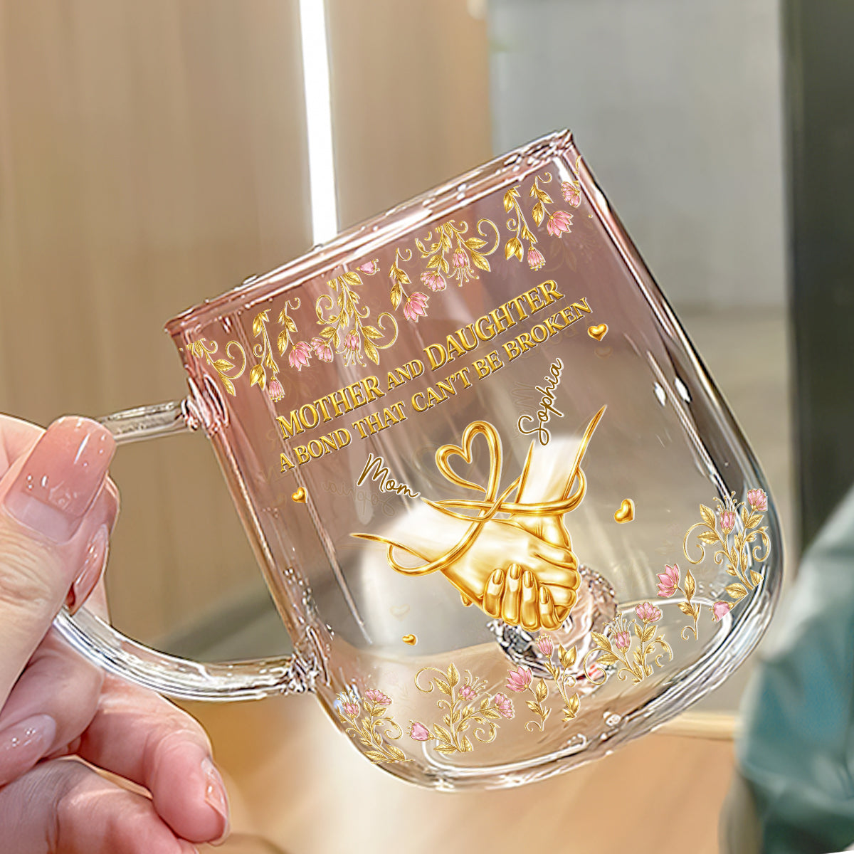 Custom Mother's Day Gift for Daughter • A Bond Between Mom And Daughter - Personalized Pink Gradient Glass Mug