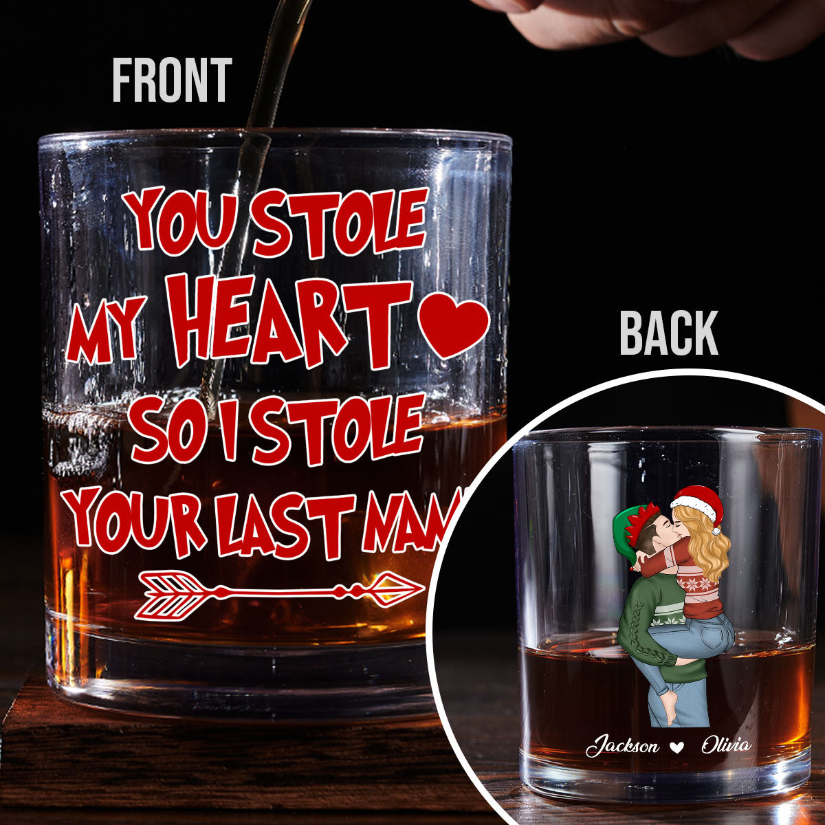 Custom Christmas Anniversary Birthday Drinkware Gifts for Couple • You Stole My Heart - Personalized Whiskey Glass