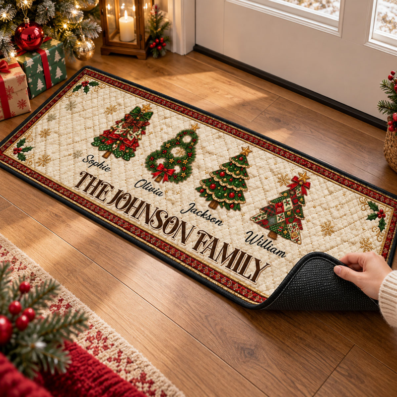 Custom Family Name Christmas Rug, Holiday Gift For Grandma Grandpa • Christmas Crew - Personalized Runner Rug