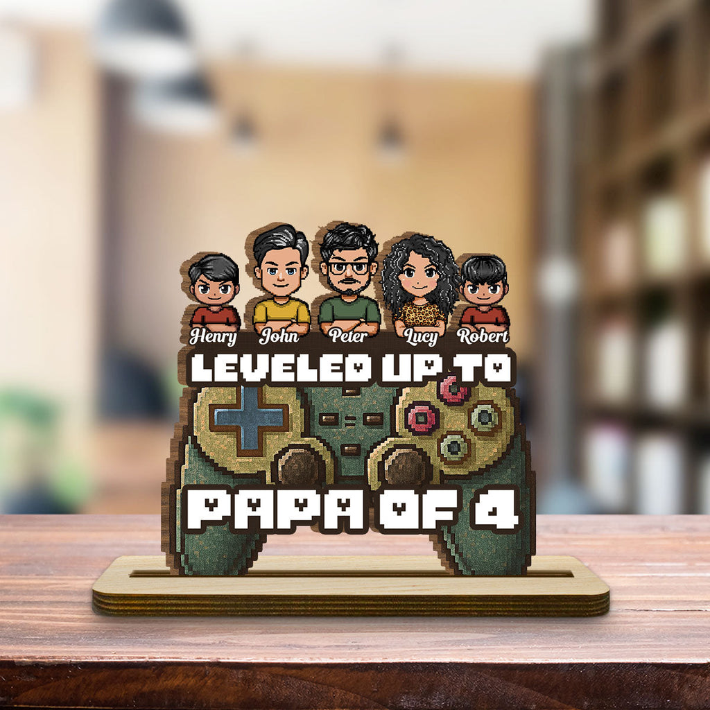 Custom Decor for Husband, Gift for Him • Leveled Up To Dad - Personalized 2-Layer Wood Plaque With Flat Base