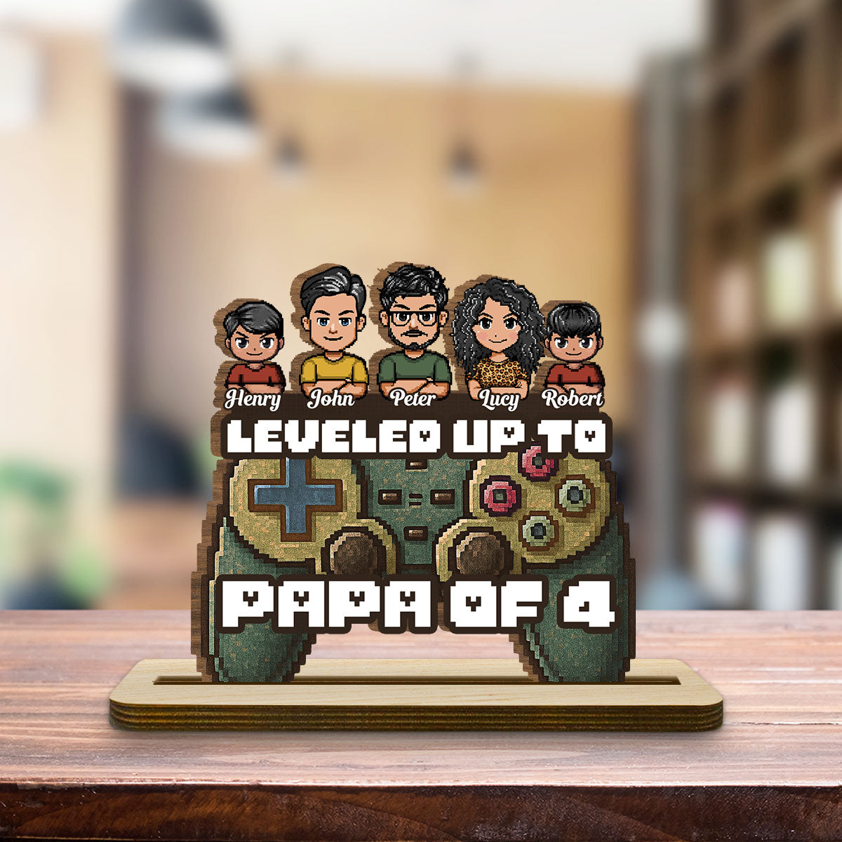 Custom Decor for Husband, Gift for Him • Leveled Up To Dad - Personalized 2-Layer Wood Plaque With Flat Base