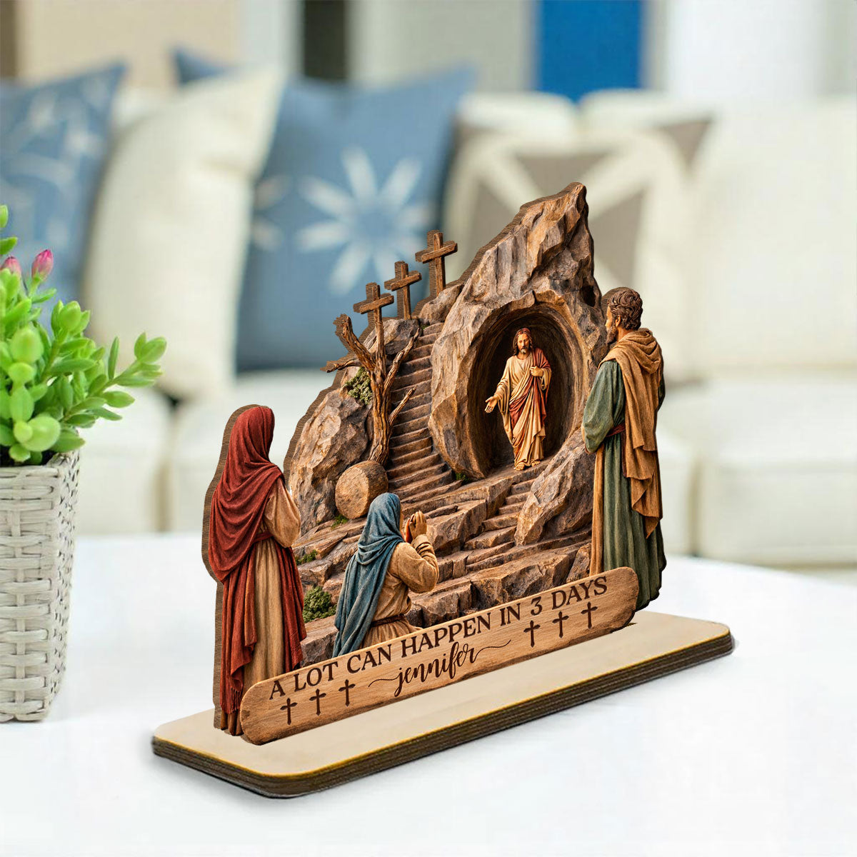 Custom Decor, Christmas Birthday Anniversary Gift Keepsake • Risen Savior - Personalized 2-Layer Wood Plaque With Flat Base