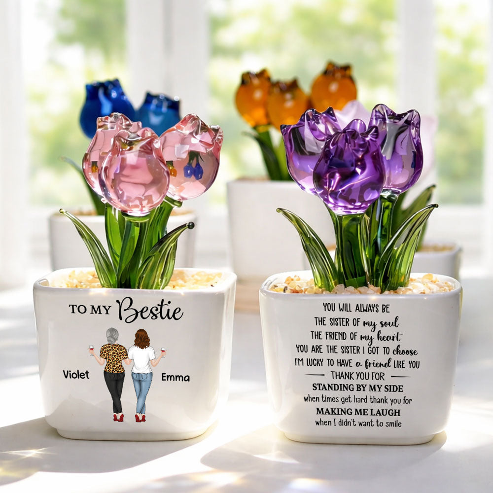 Custom Flower Keepsake, Glass Home Decor Gift for Best Friend • You Are My Soul Sister - Personalized Glass Everlasting Tulips