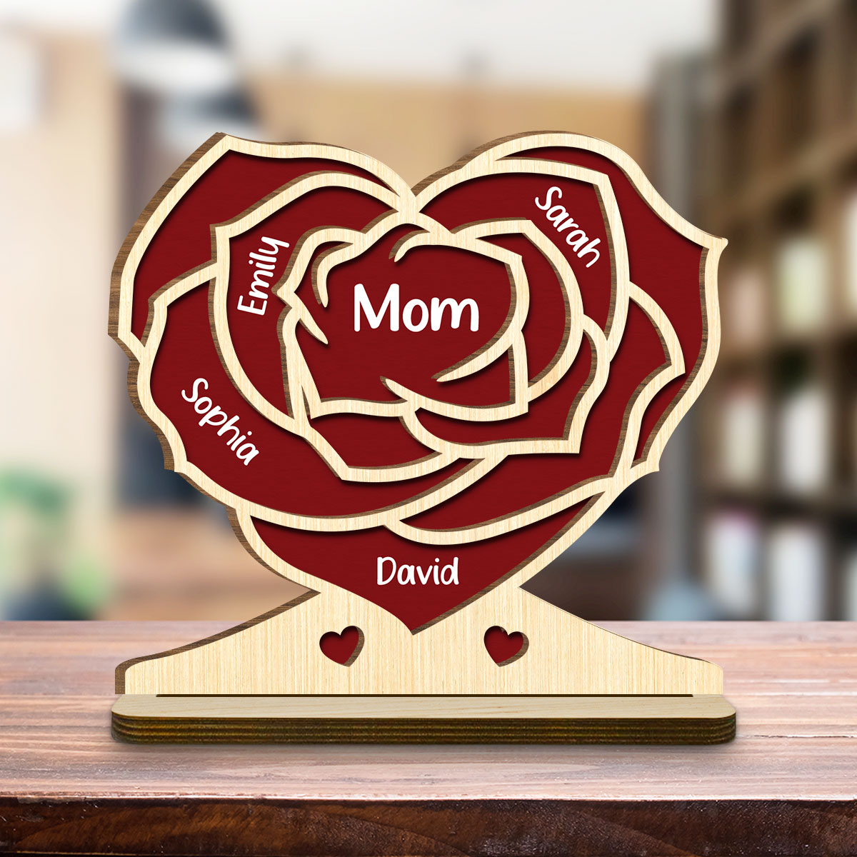 Custom Mother's Day Decor, Gift for Mom & Grandma • Family Flower - Personalized 2-Layer Wood Plaque With Flat Base
