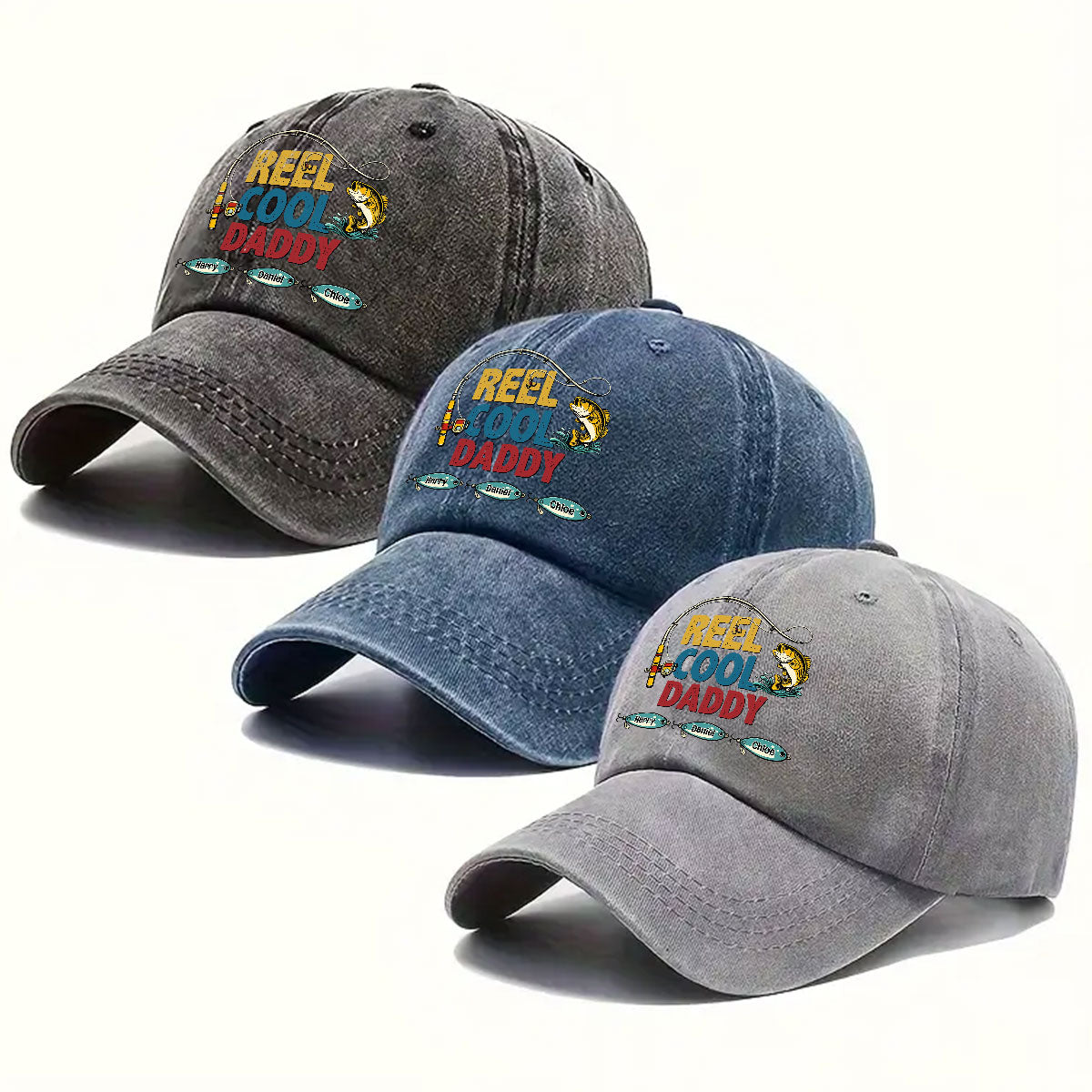 Custom Christmas Headwear Birthday Gifts for Grandpa • Reel Cool Grandpa - Personalized Vintage Washed Denim Cap
