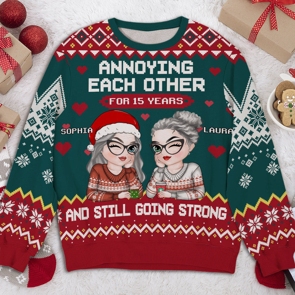 Custom Friendship Christmas Sweatshirt, Best Friend Gift • Besties Annoying Each Other - Personalized All-Over-Print Sweatshirt