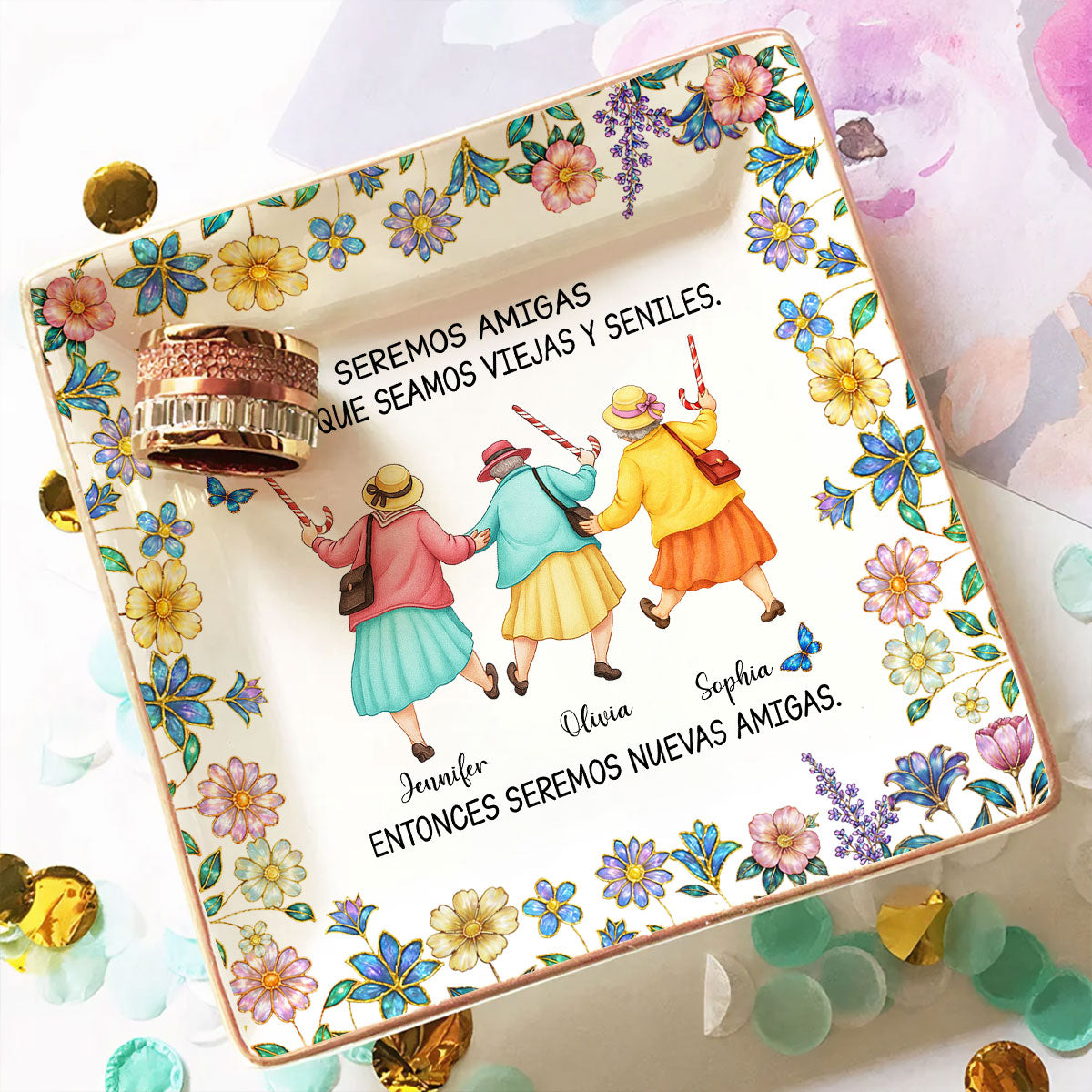 Custom Bestie Trinket Dish, Birthday Christmas Gift For Best Friend • Friends Until We Are Old And Senile Spanish - Personalized Jewelry Dish
