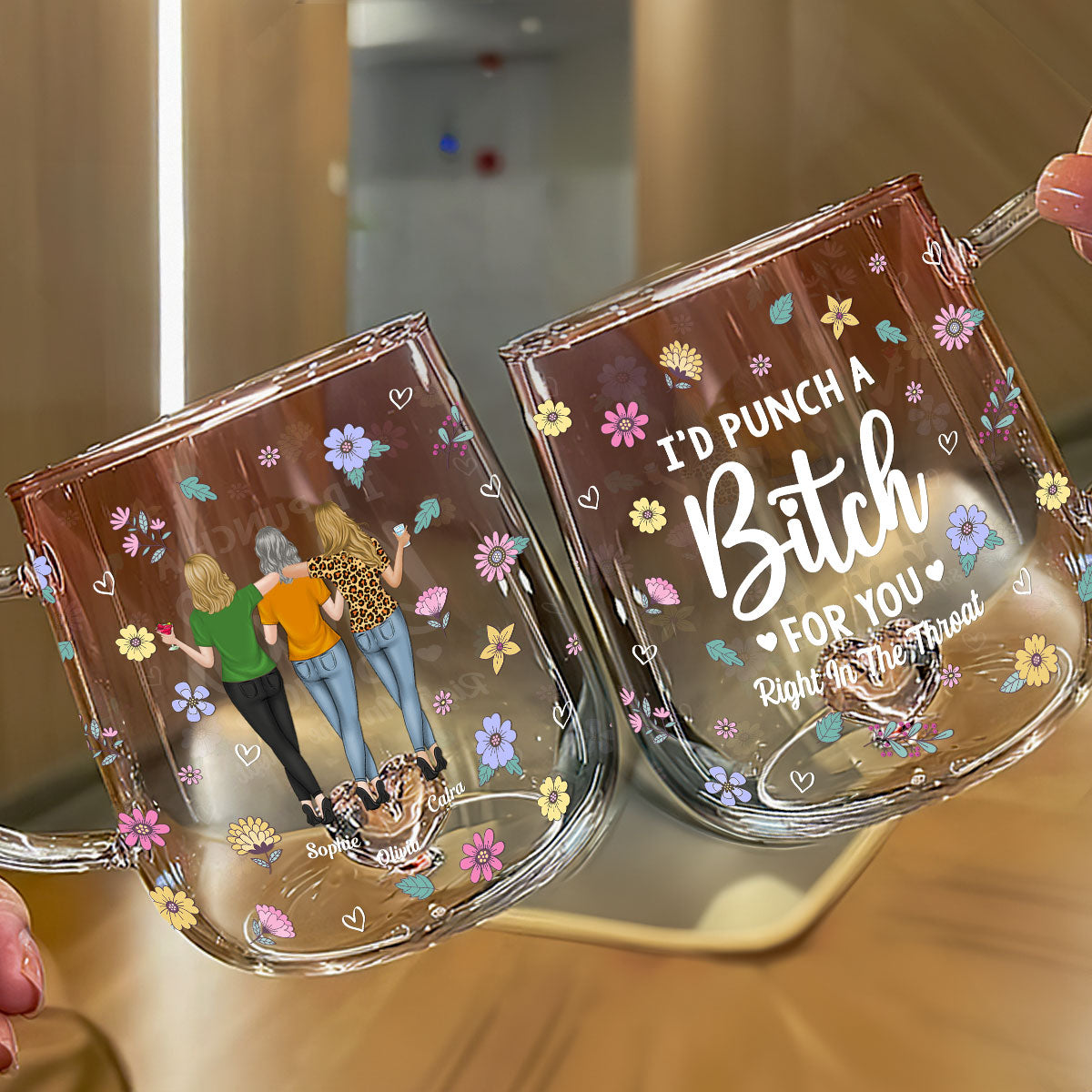Custom Best Friend, Christmas & Birthday Friendship Keepsake Gift • Punch Bitch Besties - Personalized Pink Gradient Glass Mug