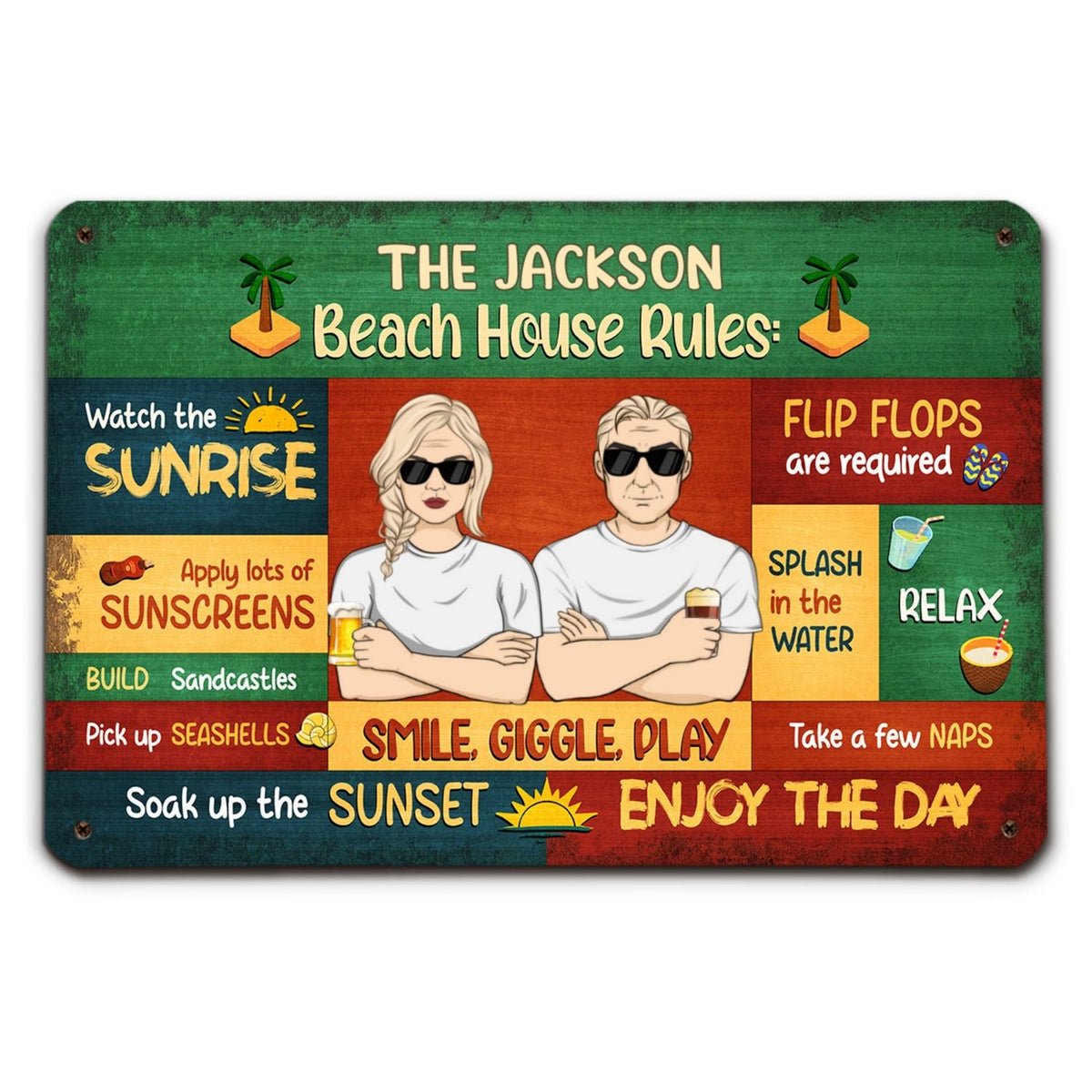 Custom Couple Anniversary Wall Decor Keepsake Gift • Beach House Rules - Personalized Metal Sign