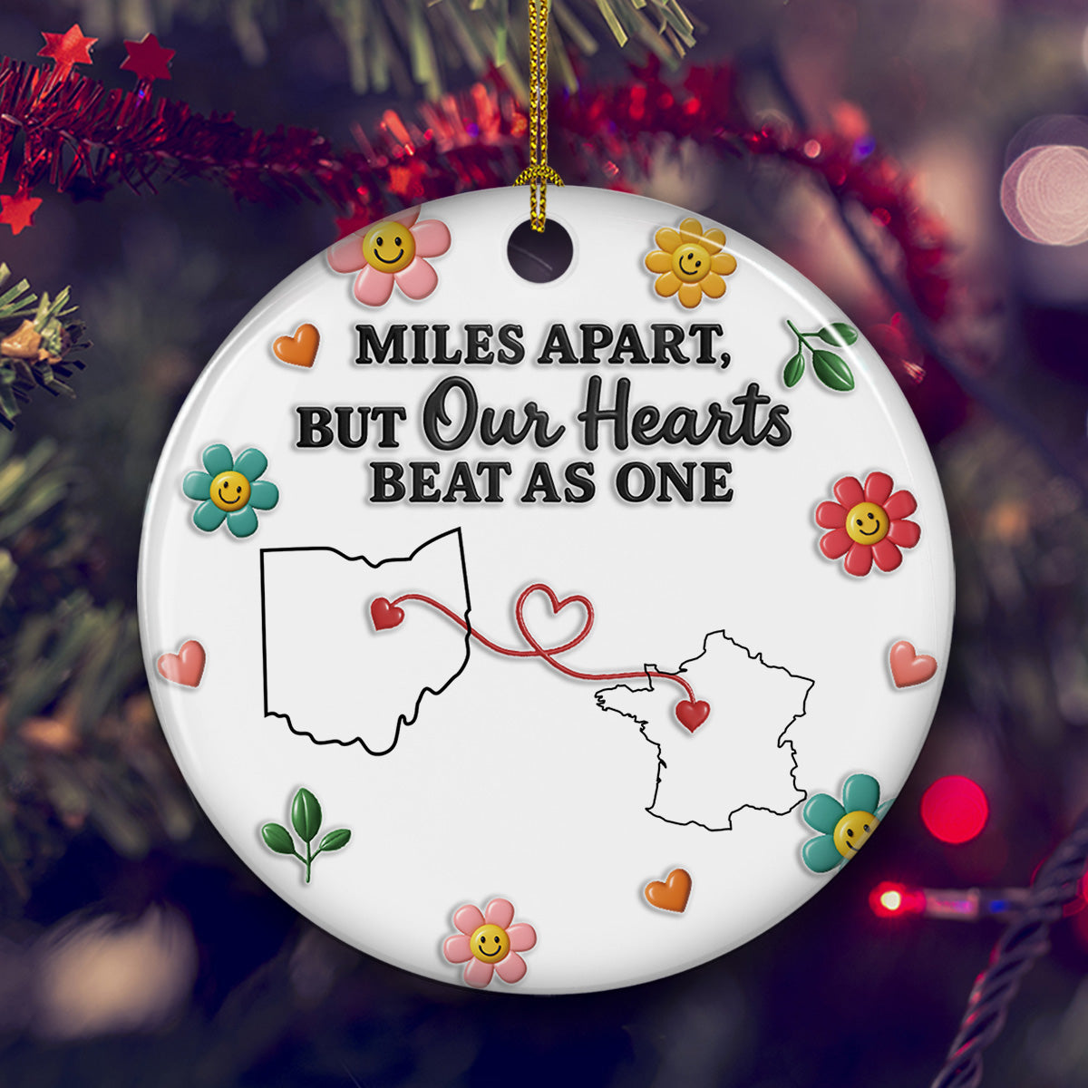 Custom Keepsake Christmas Ornament •  Bound By Heart Not Miles - Personalized 3D Inflated Effect Ceramic Ornament