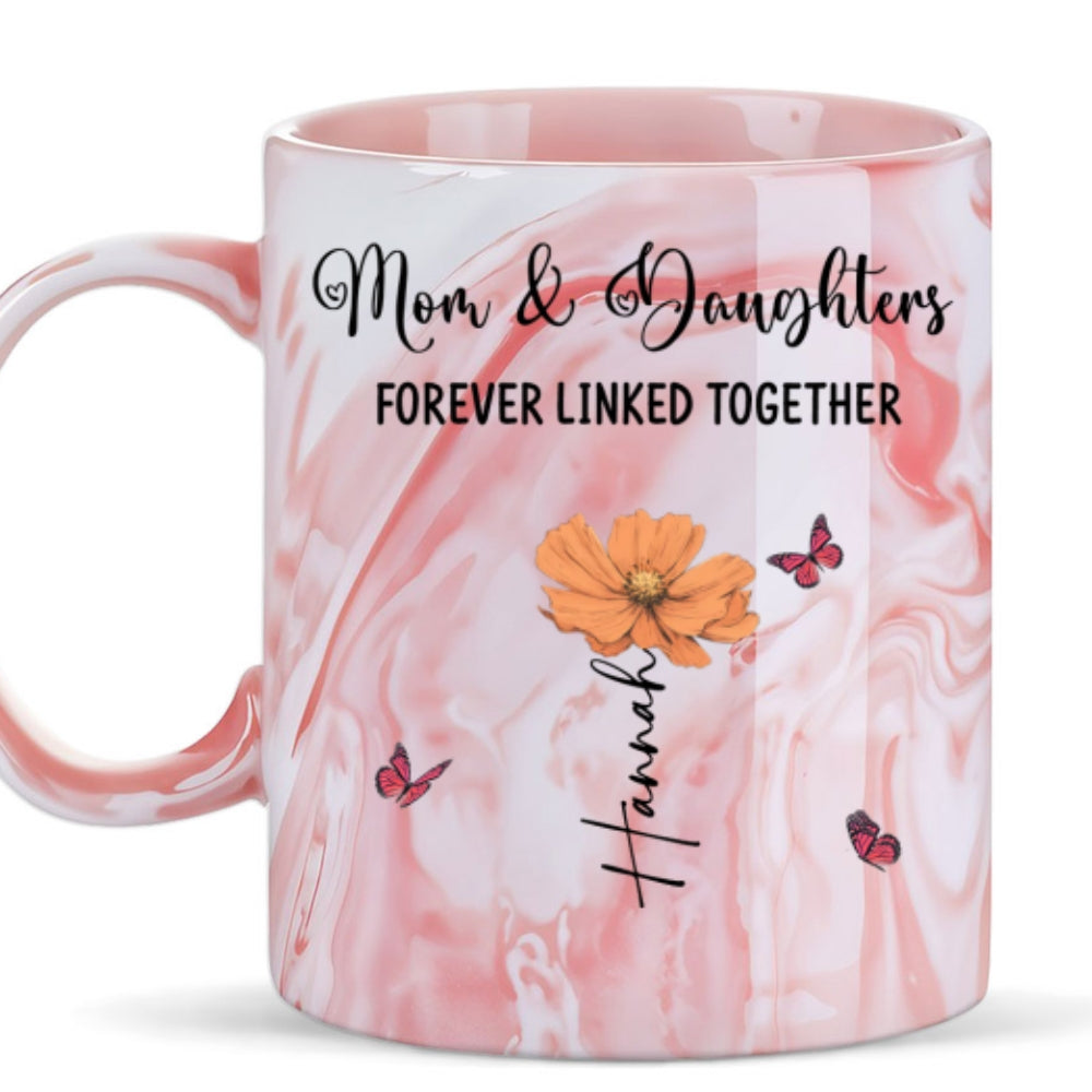 Custom Mother's Day Gift for Mom & Grandma • Mom And Daughter Forever Linked Together - Personalized Pink Marble Mug