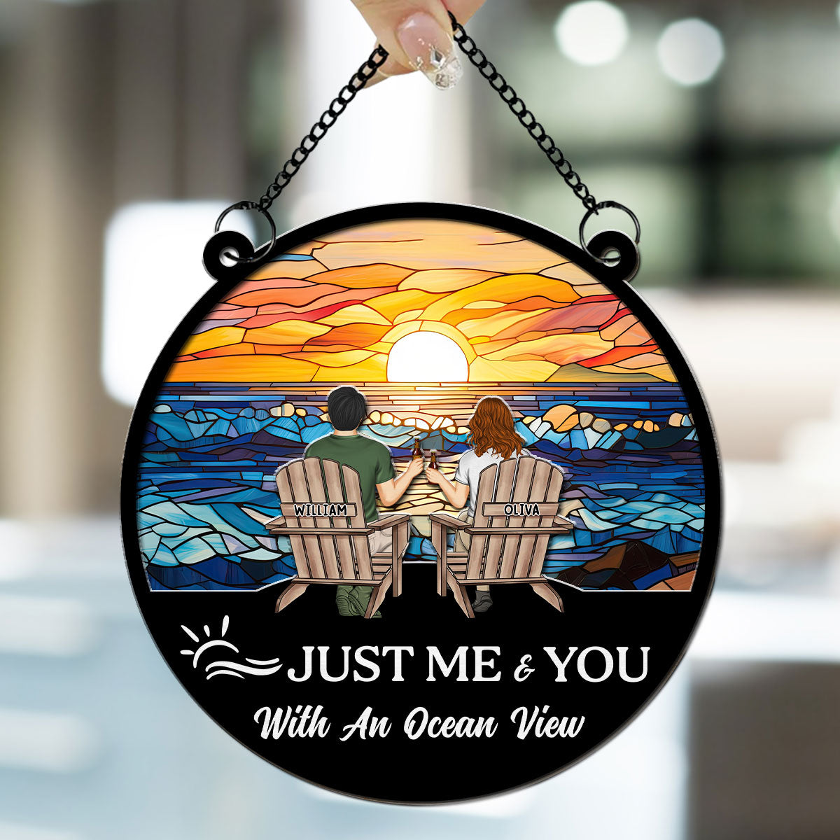 Custom Couple Hanging Decor, Anniversary Valentine's Day Gifts • Just Me & You With An Ocean View - Personalized Suncatcher