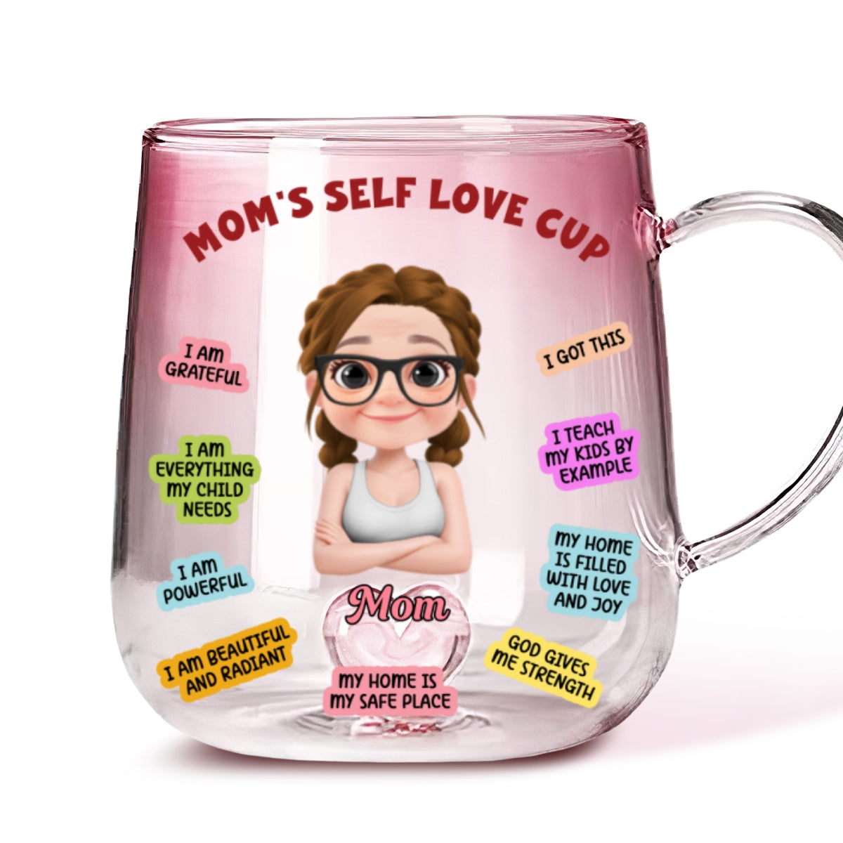 Custom Mother's Day Gift for Mom & Grandma • Mom Self Love Cup Version 2 - Personalized Pink Gradient Glass Mug