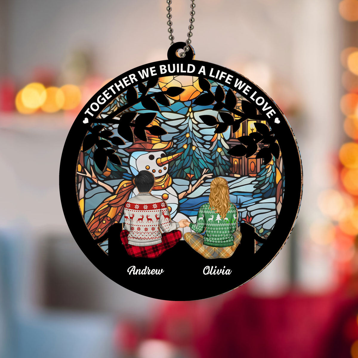 Custom Couple Christmas Ornament, Anniversary Gift •  I Love You To The Moon And Back - Personalized Suncatcher Ornament