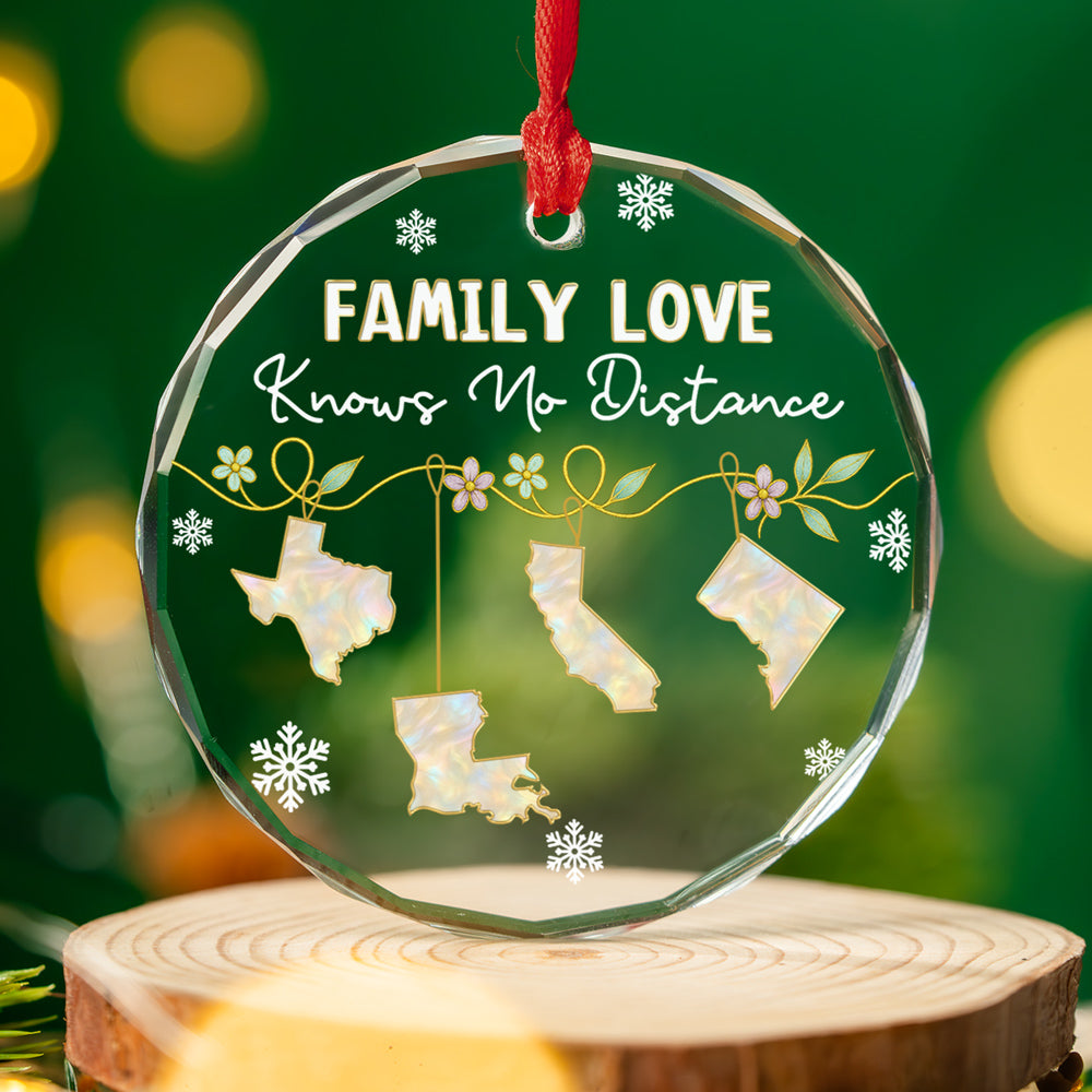 Custom Family Christmas Ornament for Long Distance Families •  Family Love Knows No Distance Mother Of Pearl - Personalized Glass Ornament