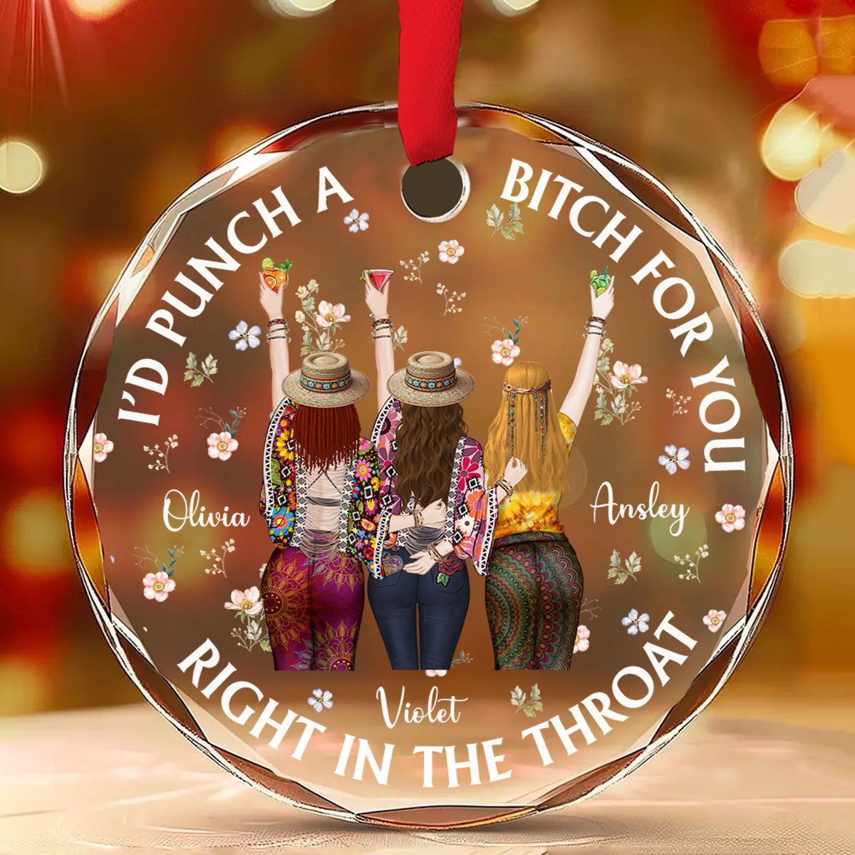 Custom Friendship Christmas Ornament, Best Friend Gift •  Punch Bitch Hippie Version - Personalized Glass Ornament