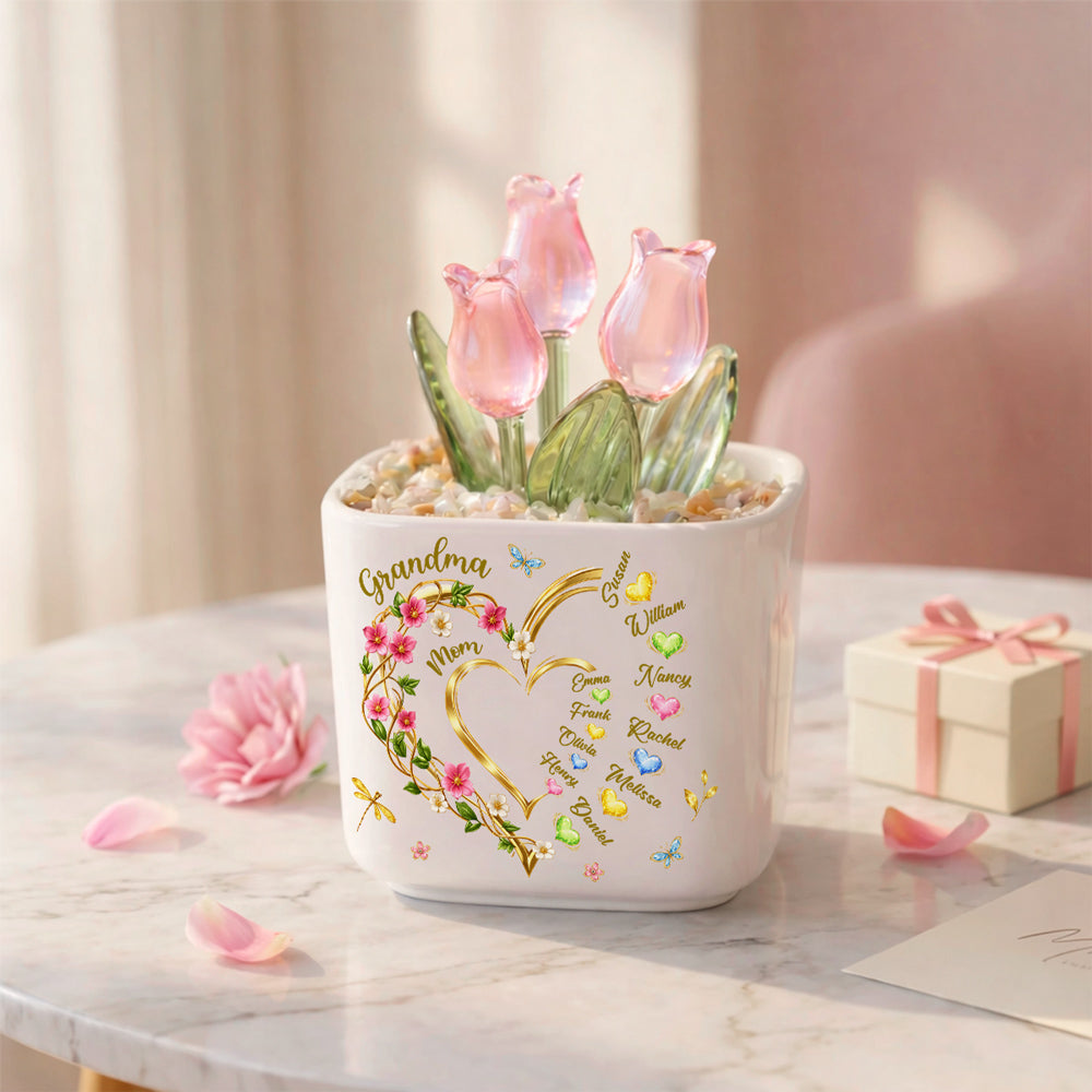 Custom Mother's Day Flower Keepsake, Glass Home Decor Gift for Grandma • Grandma Heart Keepsake - Personalized Glass Everlasting Tulips