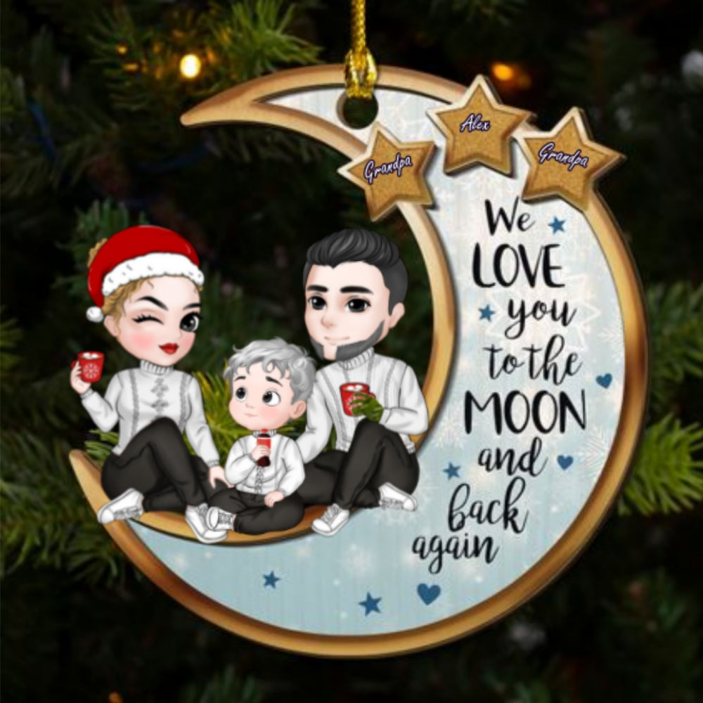 Custom Family Ornament, Christmas Gift for Family Members •  Grandparents And Grandkid On The Moon - Personalized 2-Layered Wood Ornament