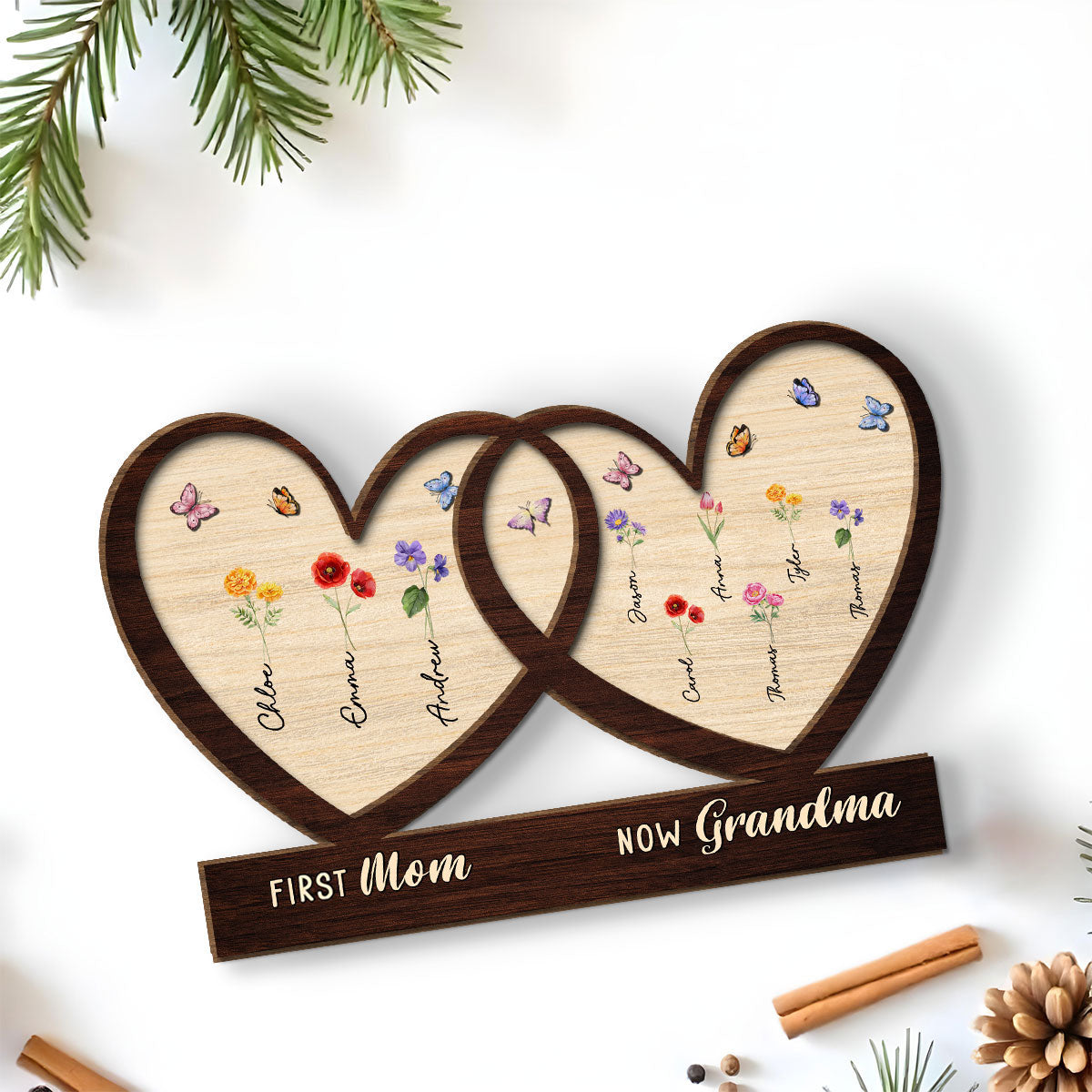 Custom Mother's Day Decor, Gift for Mom & Grandma • First Mom Now Grandma Flower - Personalized 2-Layer Wood Plaque With Flat Base