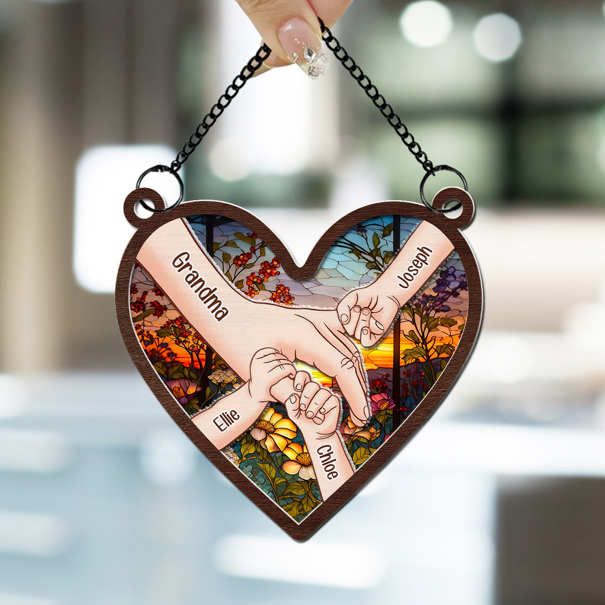 Custom Name Grandma Hanging Decor, Mother's Day Birthday Gifts • Hold Hands And Hearts - Personalized Suncatcher