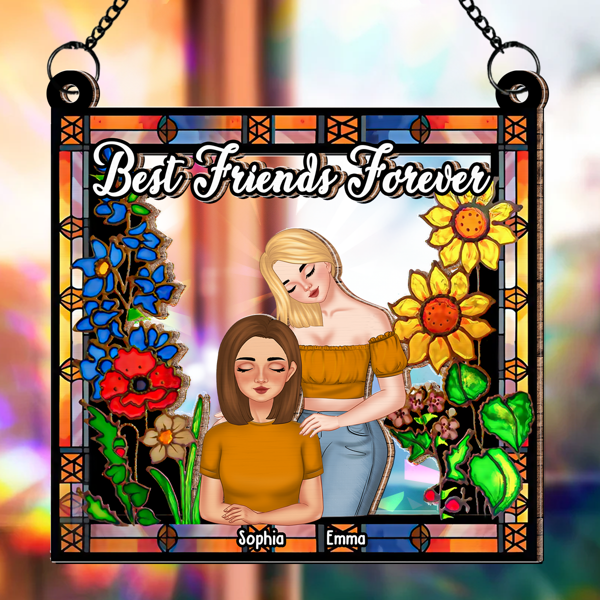 Custom Best Friend Hanging Decor, Friendship Birthday Gifts • Besties Forever Floral Style - Personalized Rainbow Suncatcher