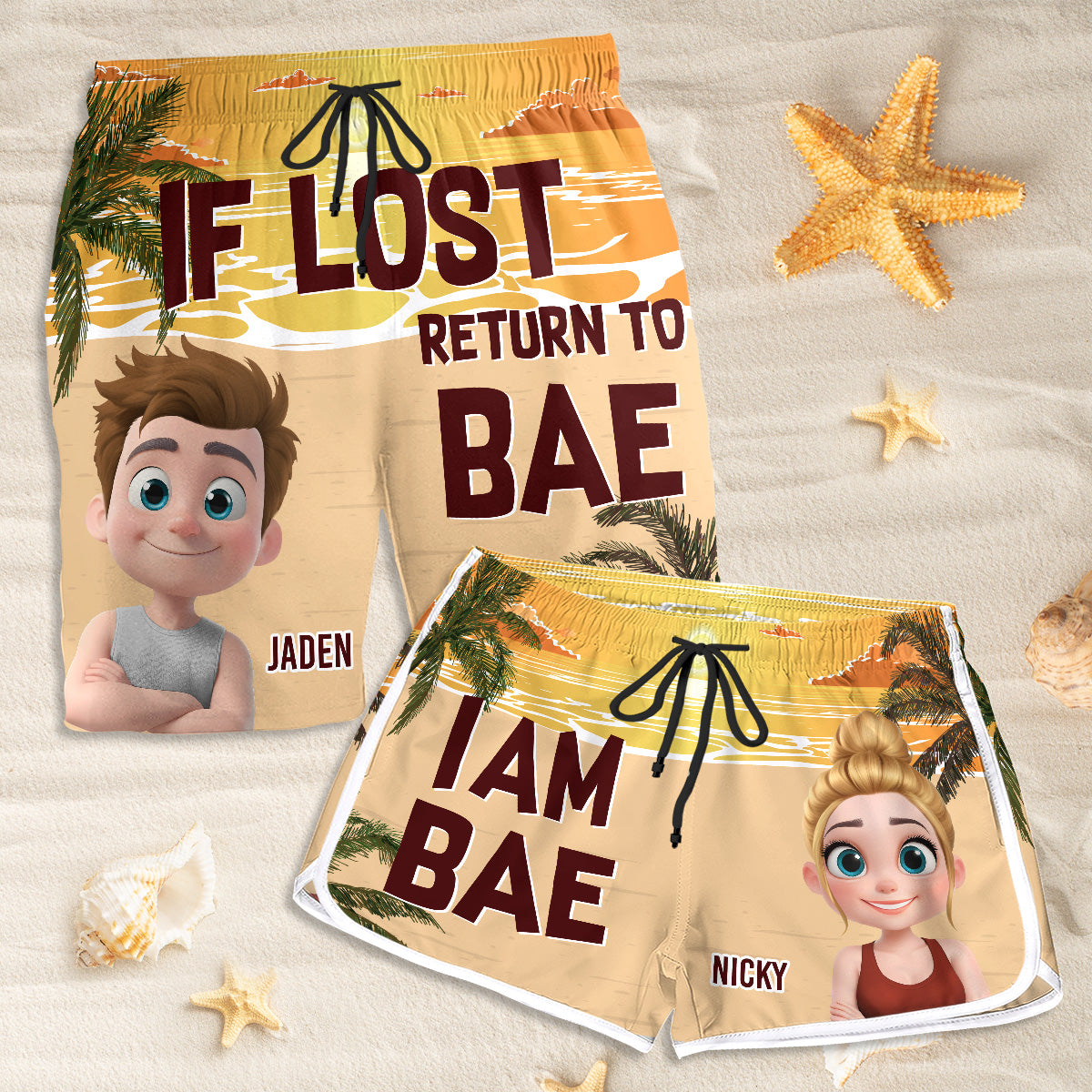 Custom Couple Swim Trunks, Birthday & Summer Gift • Lost In The Sunshine - Personalized Couple Beach Shorts