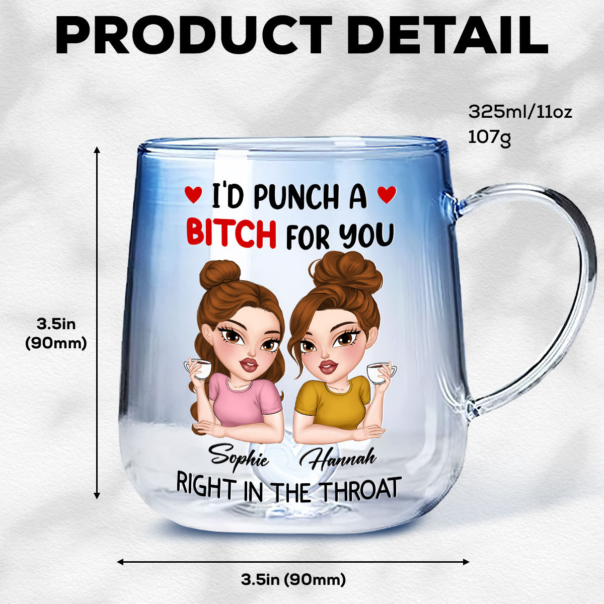 Custom Best Friend, Christmas & Birthday Friendship Keepsake Gift • Punch A Bitch For You My Friend - Personalized Blue Gradient Glass Mug